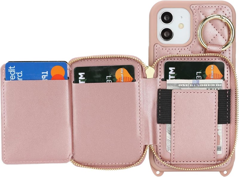 Hamany Crossbody Wallet Case for iPhone 12, PU Leather Zipper Handbag Purse Flip Cover, Kickstand Folio Case with Card Slots Holder Wrist Strap Lanyard 5G 6.1 Inch-Rose Gold - Image 5